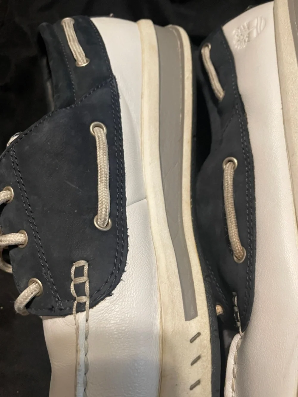 Timberland Two-Tone White and Navy Leather Boat Shoes